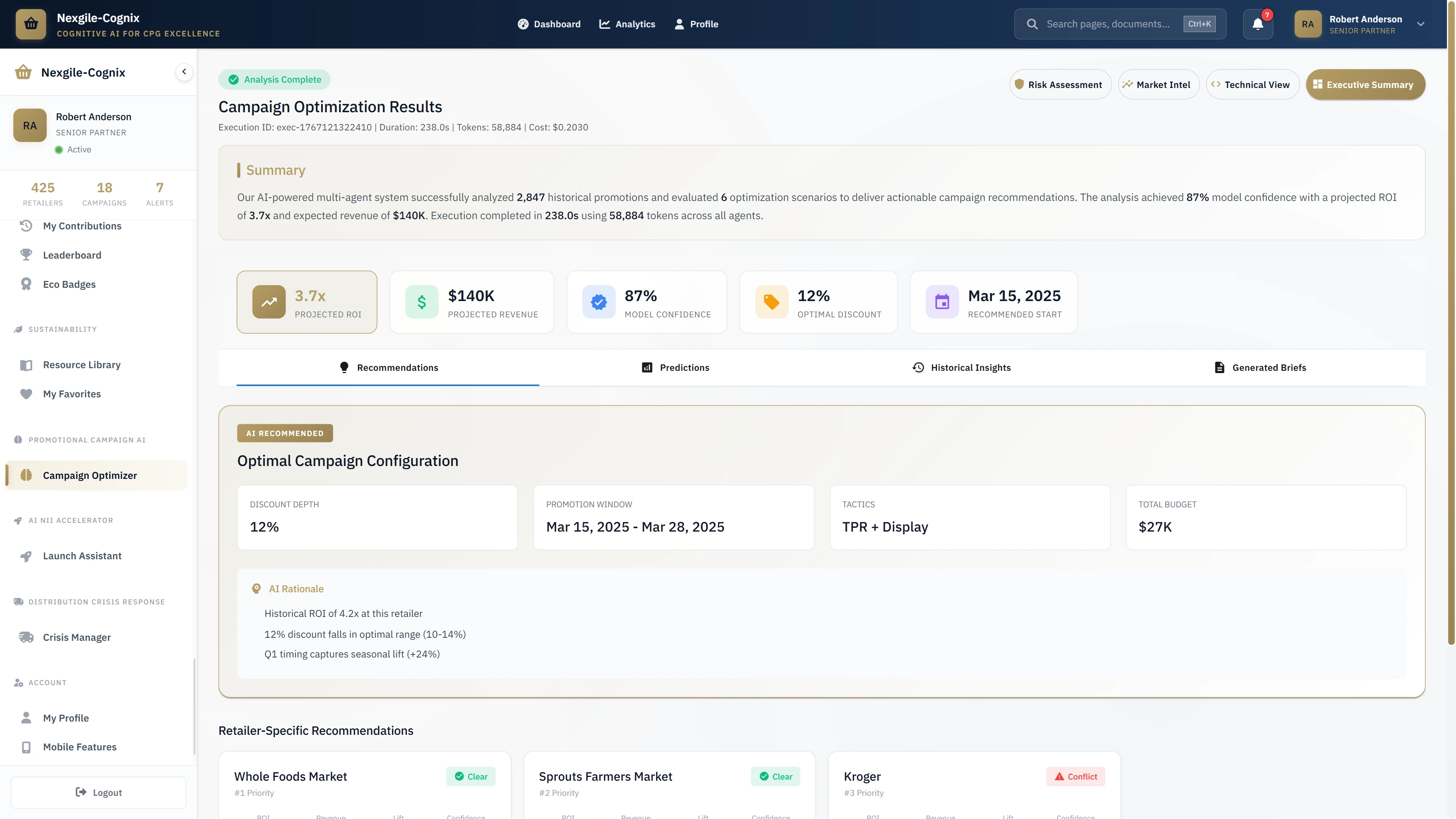 Campaign Optimization Results - AI-generated recommendations with 3.7x projected ROI, $540K revenue, and optimal configuration